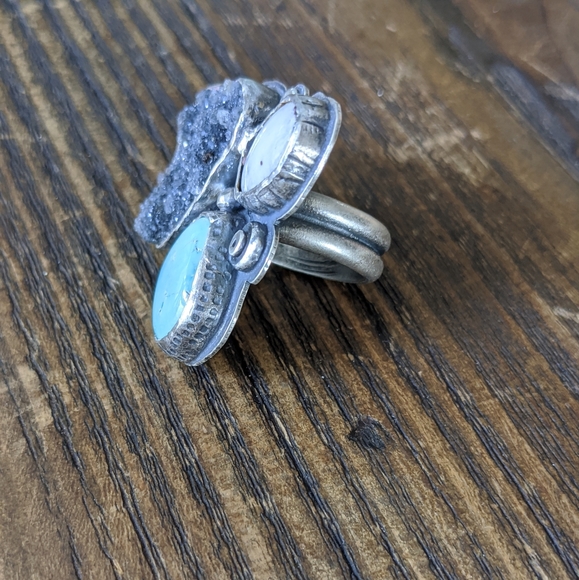 Large Sterling Silver, Turquoise, Quartz Druzy, & Enamel Statement Ring. - Picture 12 of 14